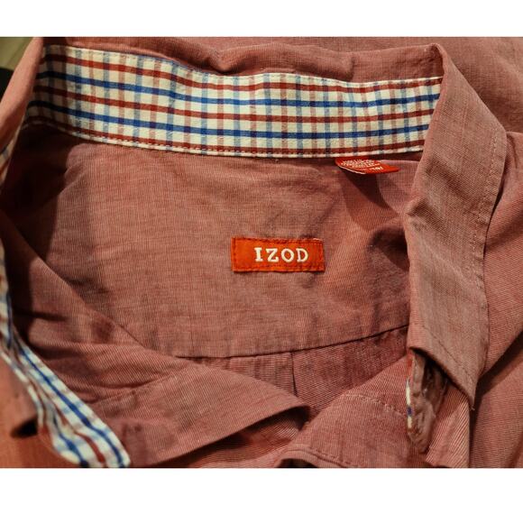 Izod Red Chambray Button Down Shirt XL Cotton Classic Preppy Check Collar Logo - Picture 7 of 10